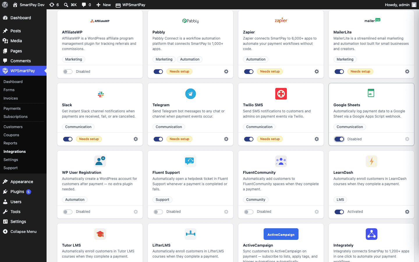 SmartPay Extensions page with Google Sheets integration toggled on