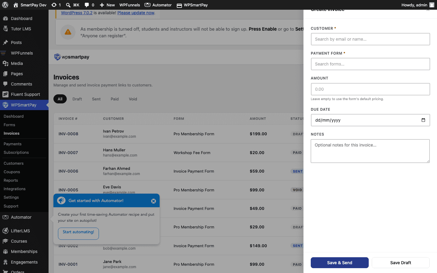 Screenshot of WP SmartPay Create Invoice drawer showing customer, line items, and settings fields