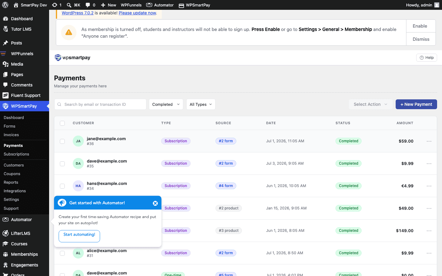 Screenshot of WP SmartPay Payments list filtered by a specific status