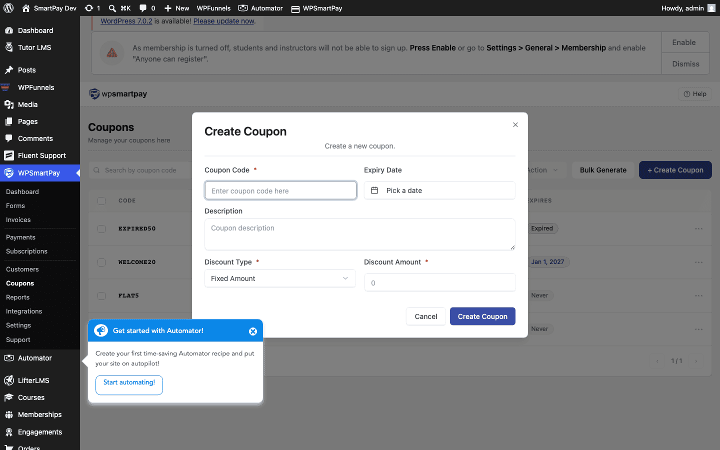 Screenshot of WP SmartPay new coupon form showing all configuration fields