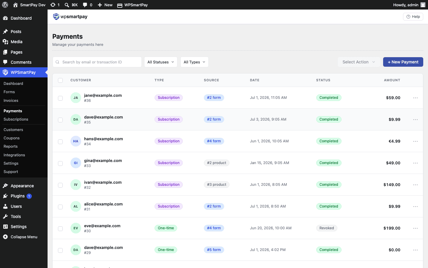 Screenshot of WP SmartPay Payments list showing all payment records with columns and filter controls