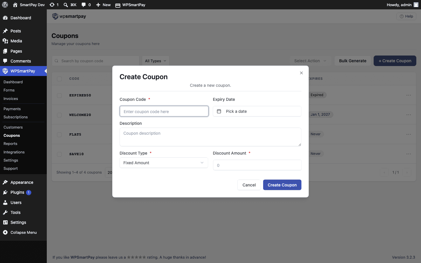 Screenshot of WP SmartPay new coupon form showing all configuration fields