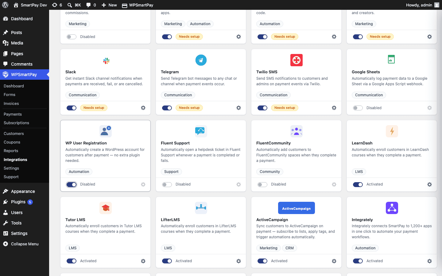 SmartPay Extensions page with WP User Registration integration toggled on