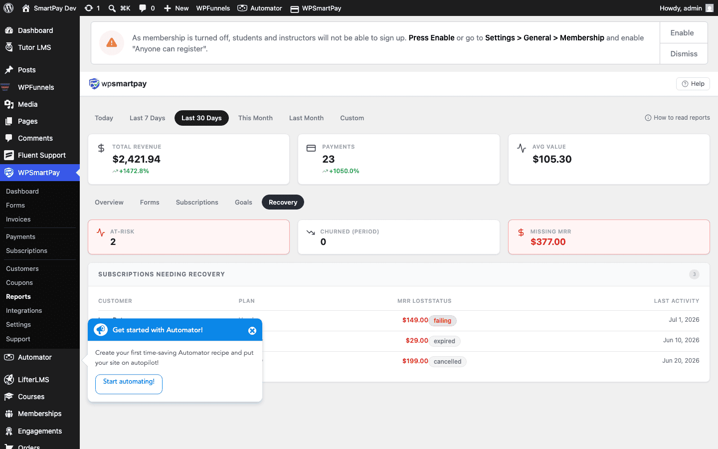 Screenshot of WP SmartPay Reports Recovery tab showing failed payment list and recovery status
