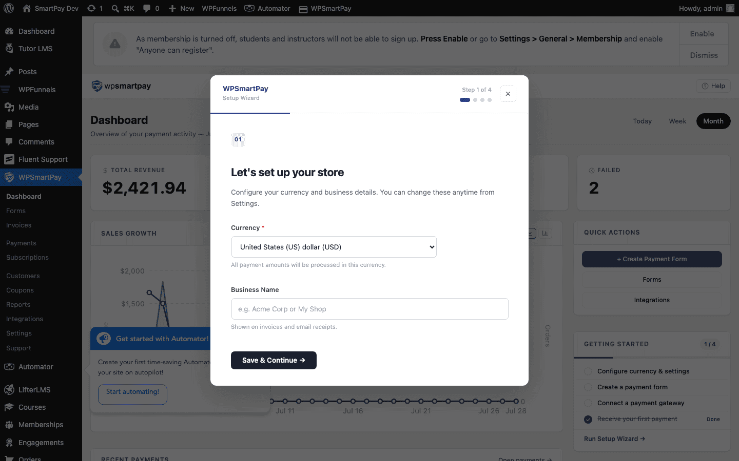 Screenshot of WP SmartPay admin dashboard showing revenue overview and recent payments