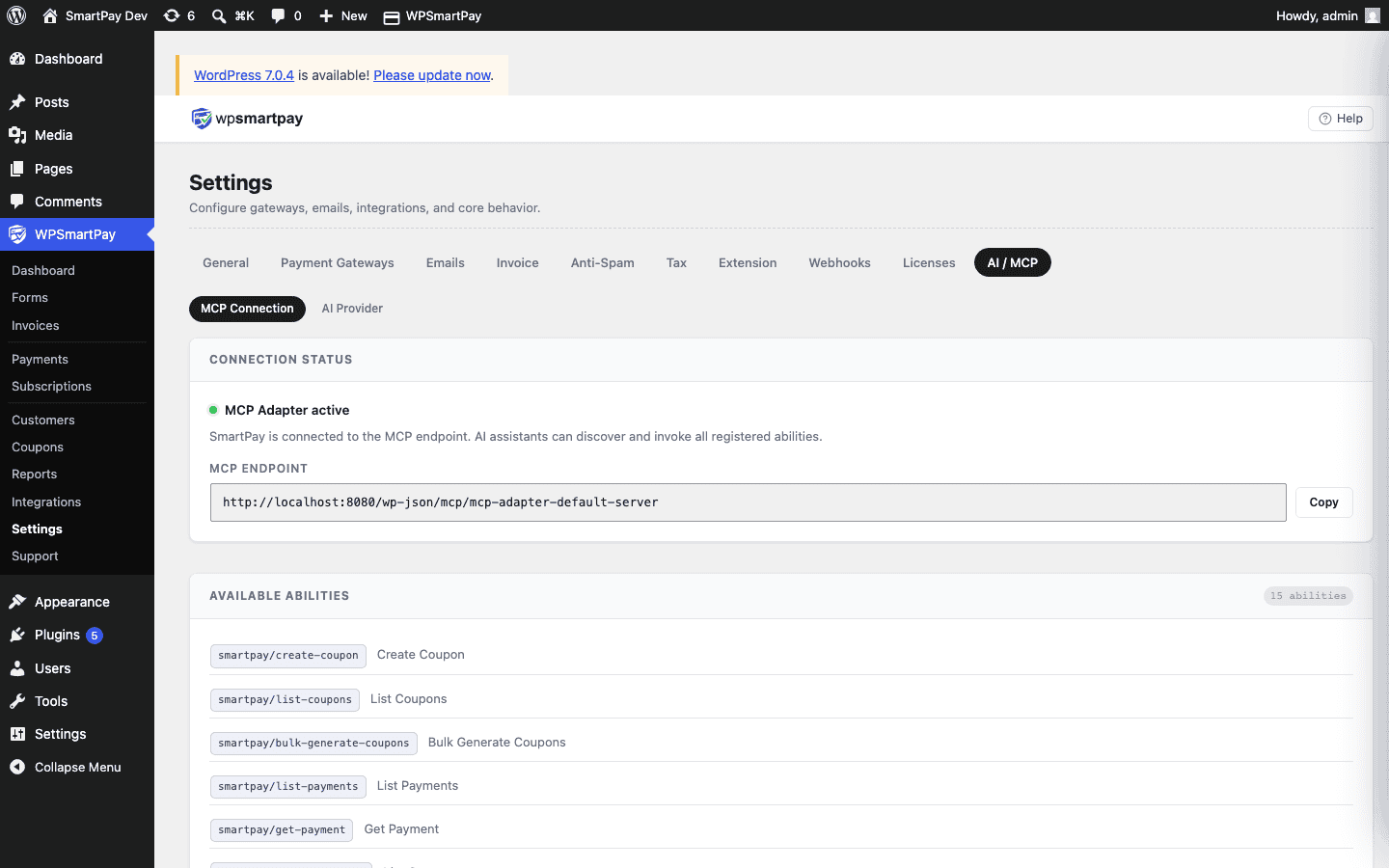 WP SmartPay MCP settings page