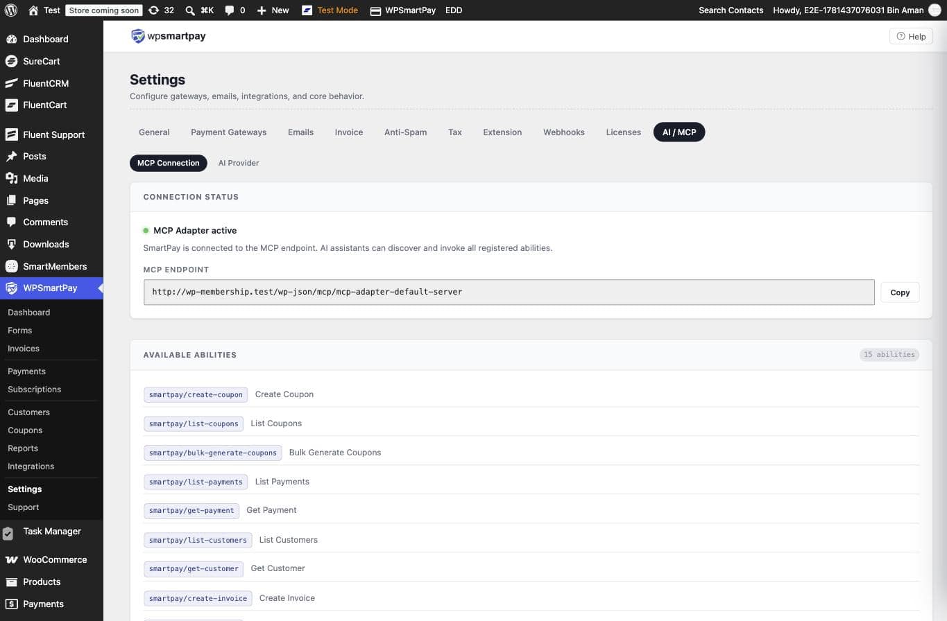Screenshot of WP SmartPay AI / MCP Settings page showing MCP Adapter active with green dot and endpoint URL