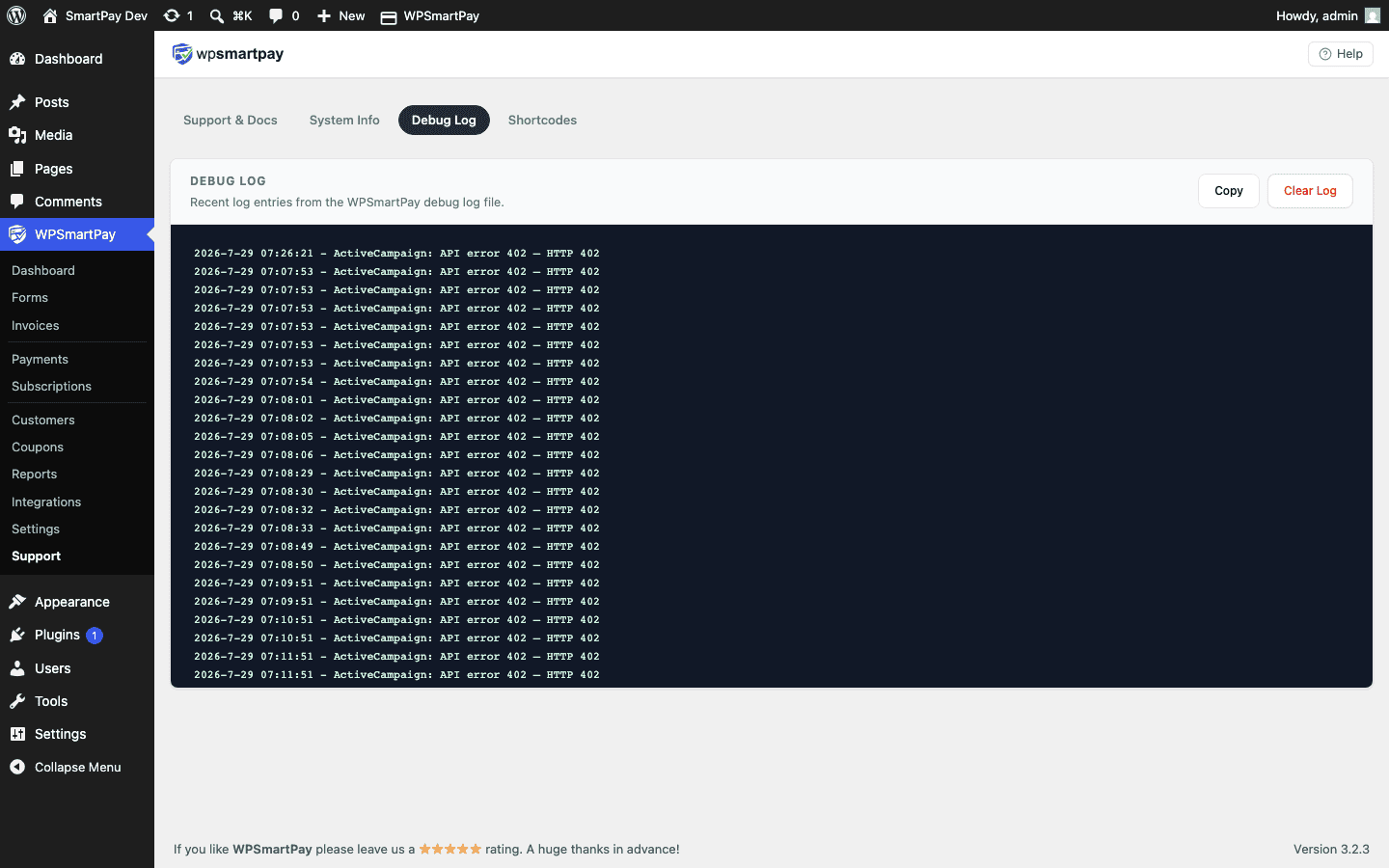 Screenshot of WP SmartPay Debug Log page showing timestamped INFO, WARNING, and ERROR log entries