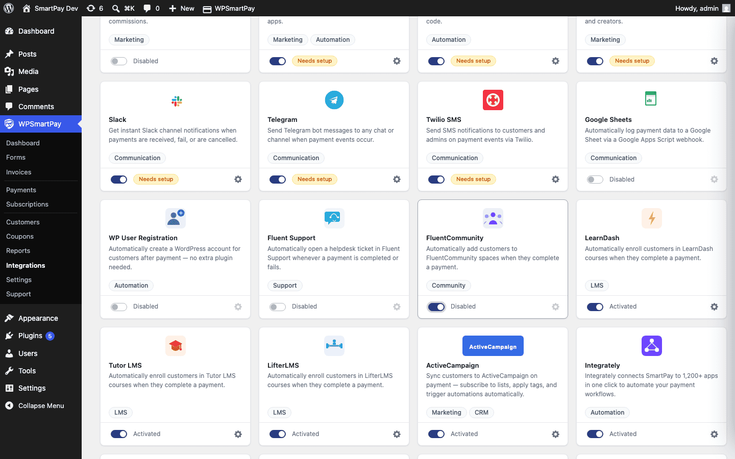 SmartPay Extensions page with FluentCommunity integration toggled on