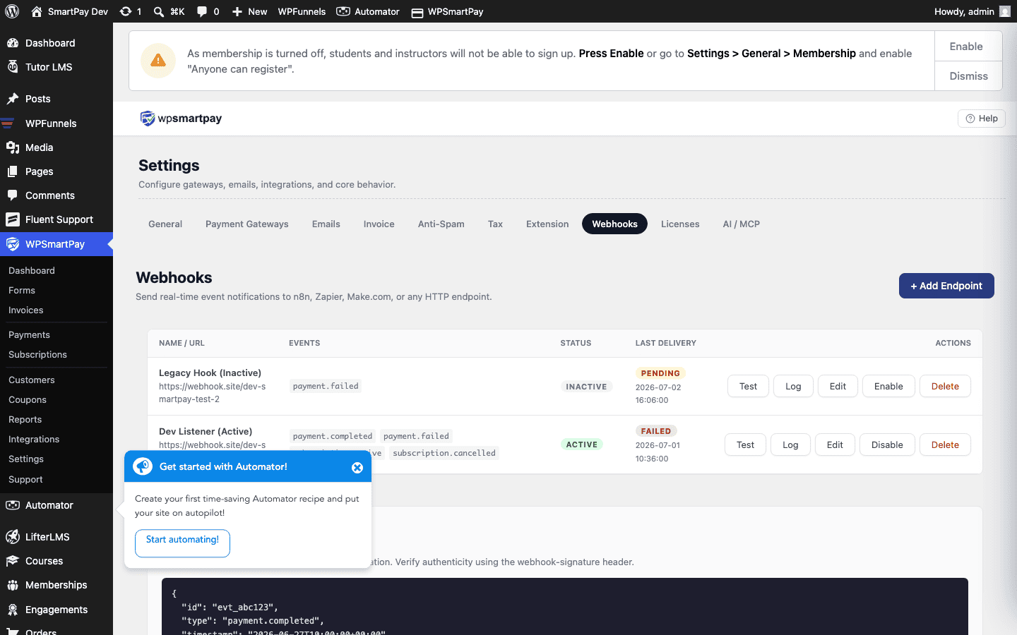Screenshot of WP SmartPay Webhooks settings page showing endpoint list with delivery log access