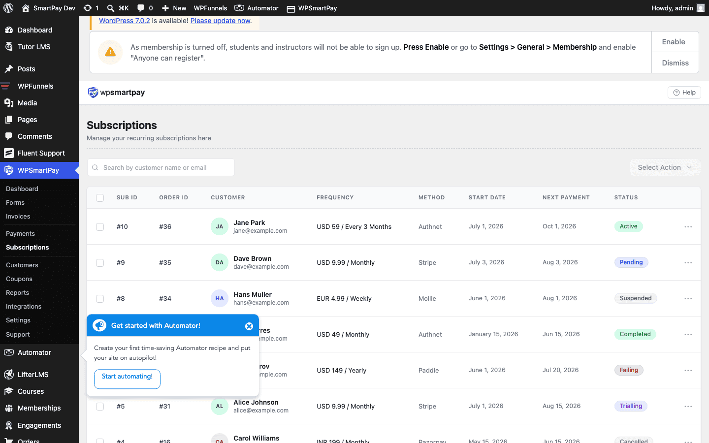 Screenshot of WP SmartPay Subscriptions list showing subscription IDs, customers, amounts, and statuses