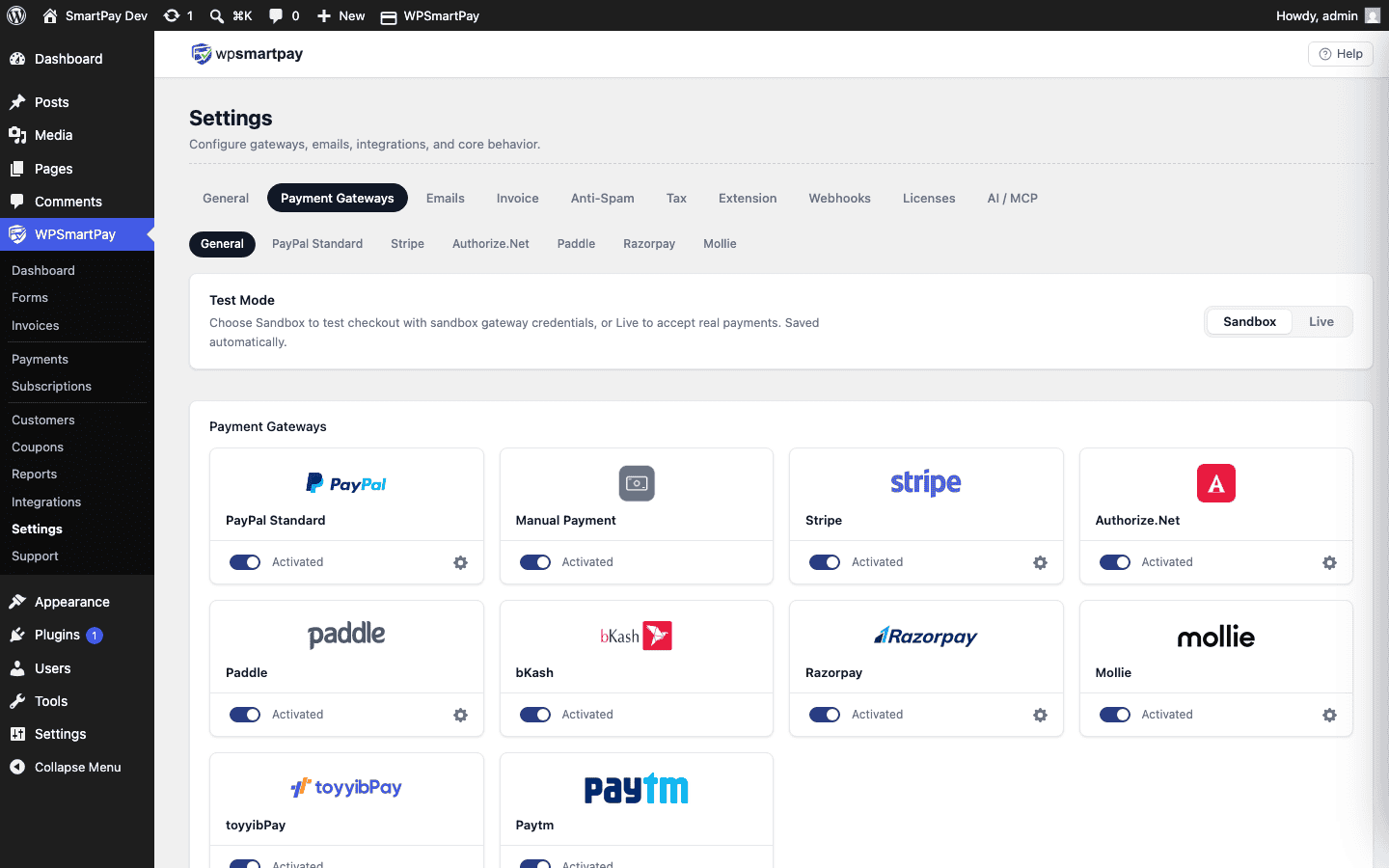 Screenshot of WP SmartPay Paddle settings showing API key fields for live and sandbox environments