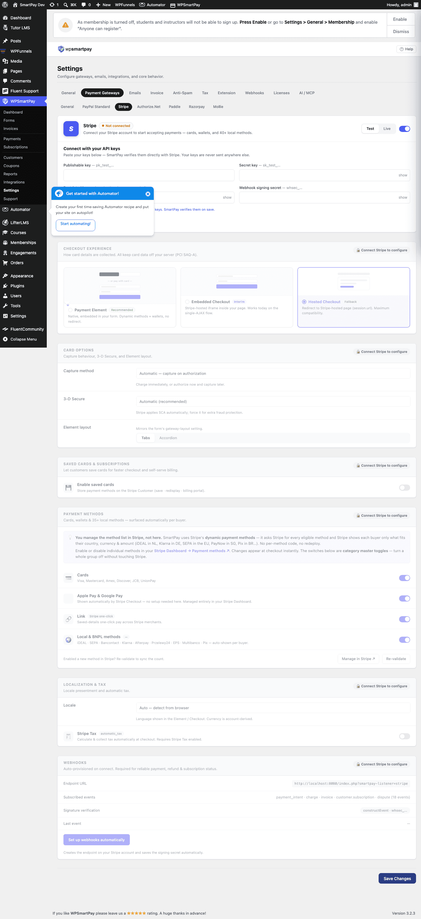 Screenshot of WP SmartPay Stripe settings showing live and test publishable/secret key fields