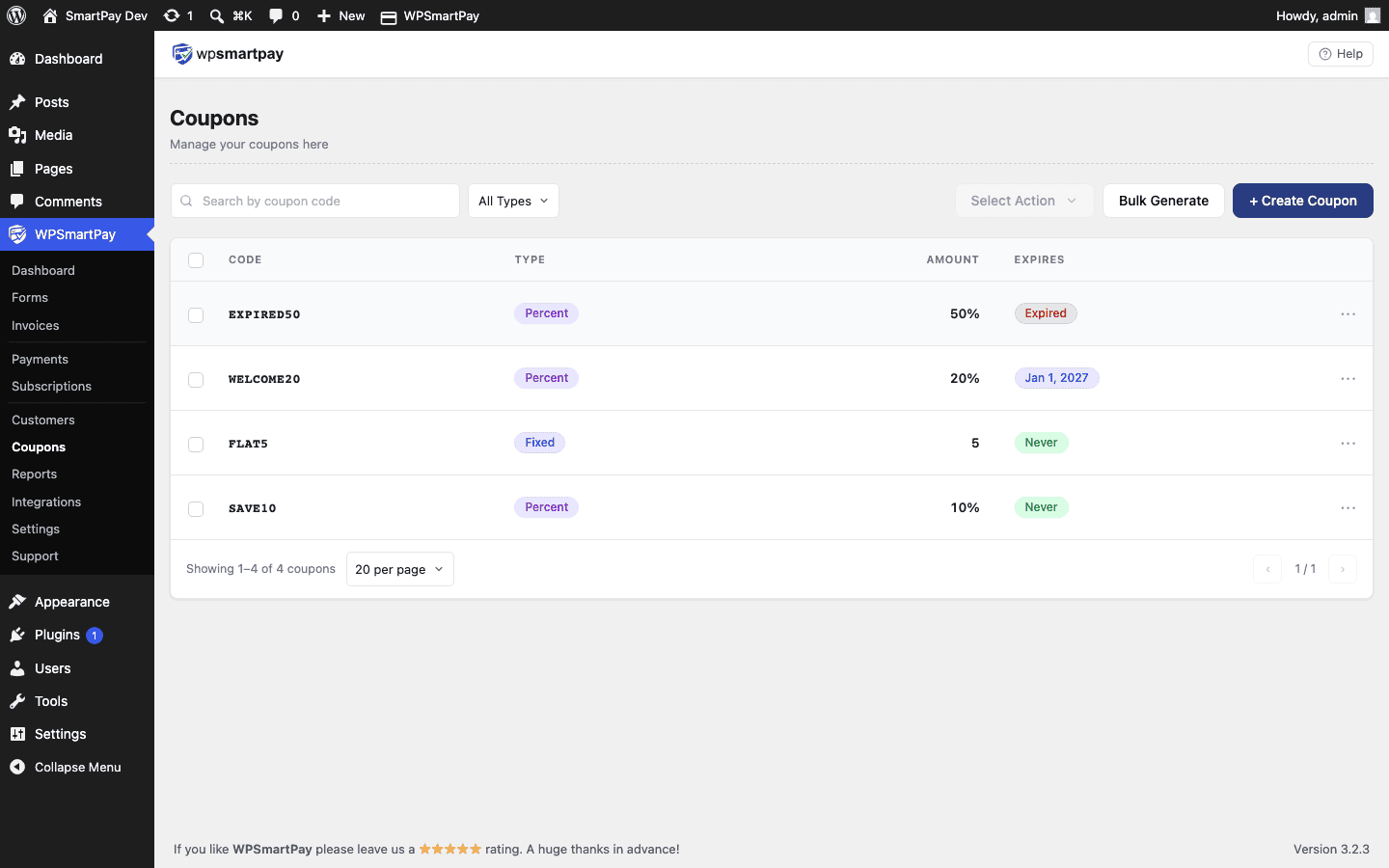 Screenshot of WP SmartPay Coupons list showing coupon codes, discount amounts, and usage counts