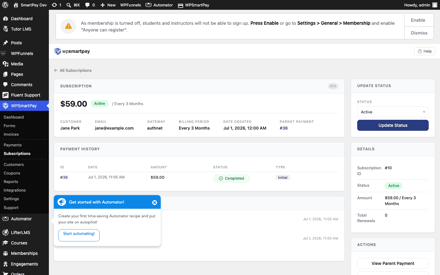 Screenshot of WP SmartPay subscription detail page showing plan summary, customer info, and payment history