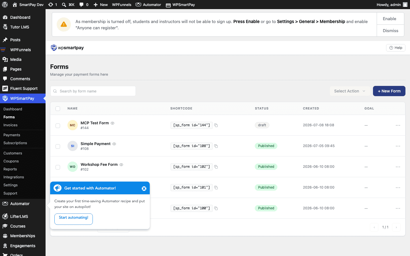 WP SmartPay forms list showing donation form
