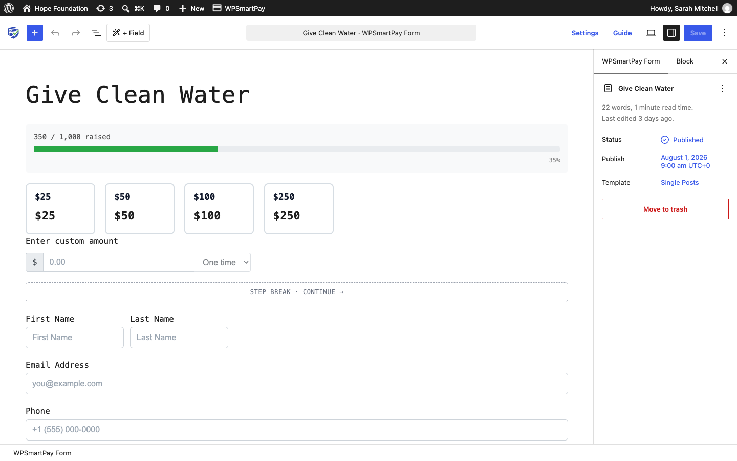 Screenshot of the WP SmartPay form editor showing suggested amounts, the custom amount input with a One time dropdown, and a Step Break