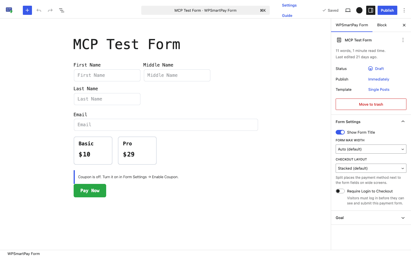 WP SmartPay form editor Pricing panel showing Additional Charges toggle, charge type selector, and amount field