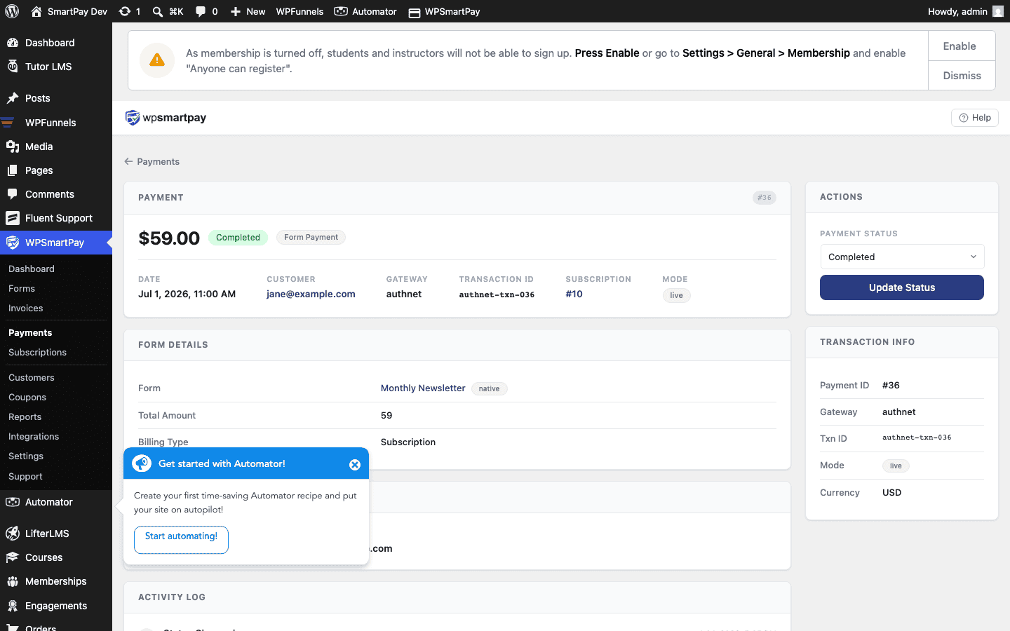 Screenshot of WP SmartPay payment detail page showing status badge and activity log