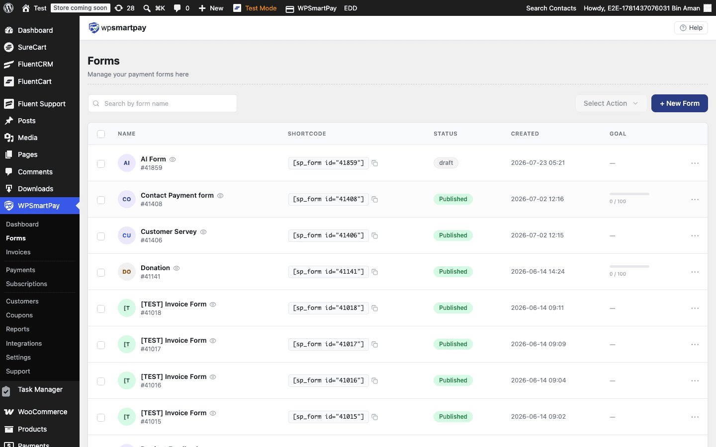 Screenshot of WP SmartPay Settings Payment Gateways tab showing PayPal, Stripe, and other gateways