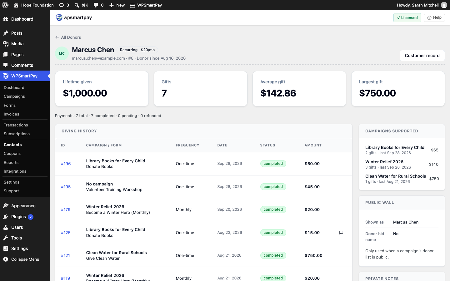 Screenshot of WP SmartPay donor profile showing giving stats, giving history and campaigns supported