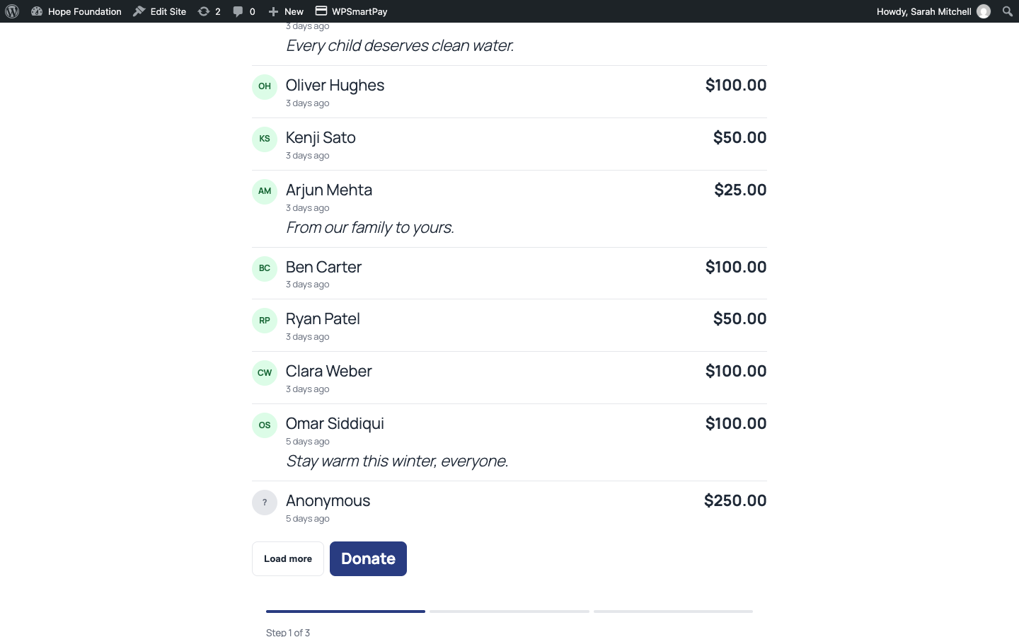 Screenshot of a WP SmartPay donor wall on a campaign page showing donor names, amounts, comments and Load more and Donate buttons