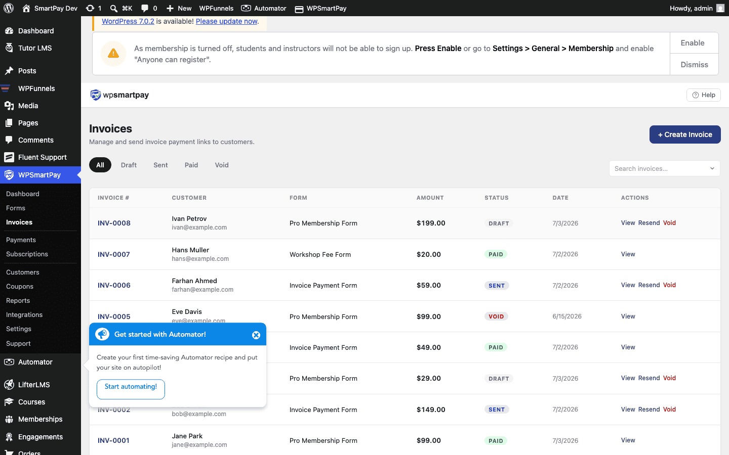 Screenshot of WP SmartPay Invoices list showing invoice numbers, customers, amounts, and statuses