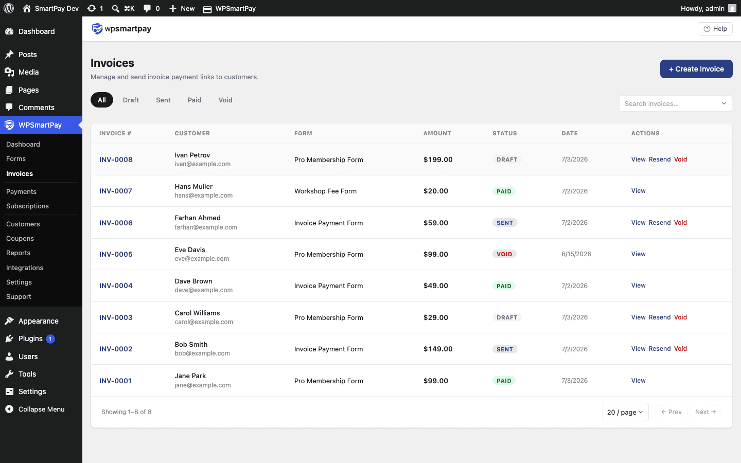 Screenshot of WP SmartPay Invoices list showing status badges for each invoice