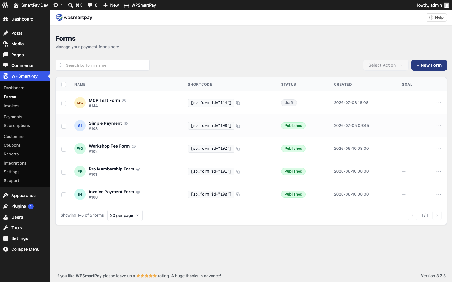 Screenshot of WP SmartPay forms list showing available forms to edit