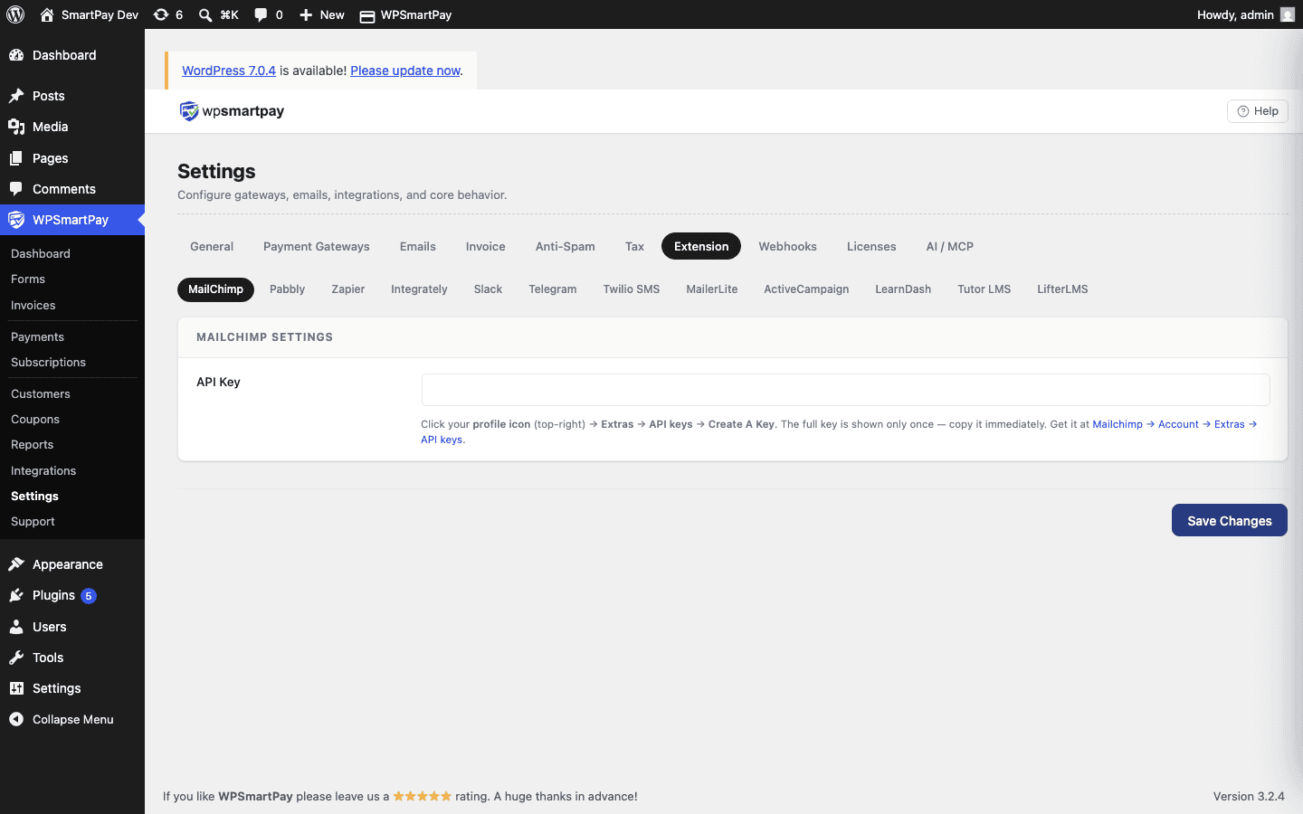 SmartPay Settings page for WPFunnels showing the default redirect URL field