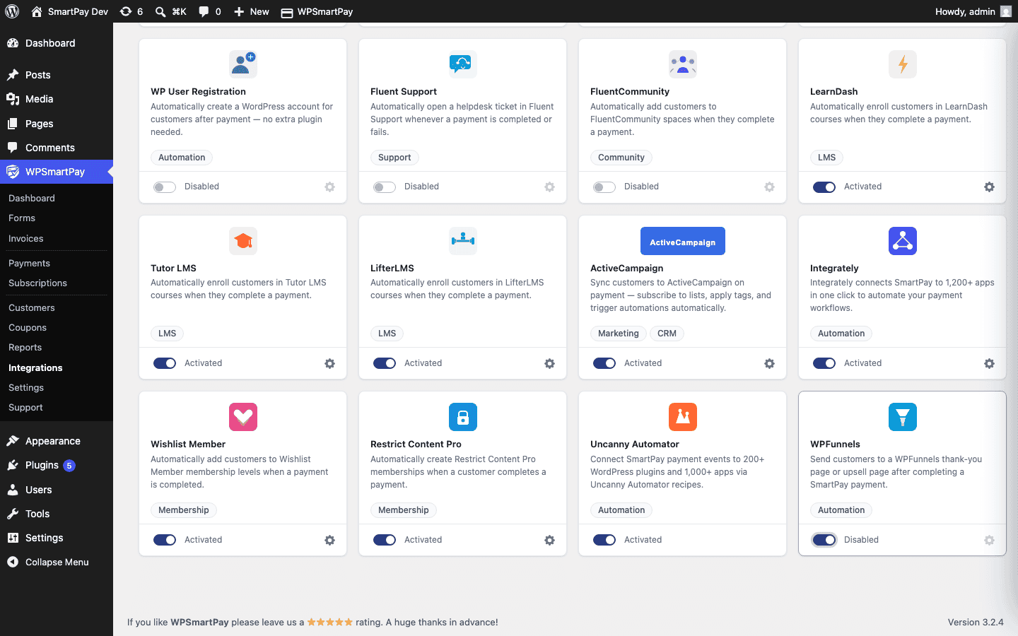 SmartPay Extensions page with WPFunnels integration toggled on