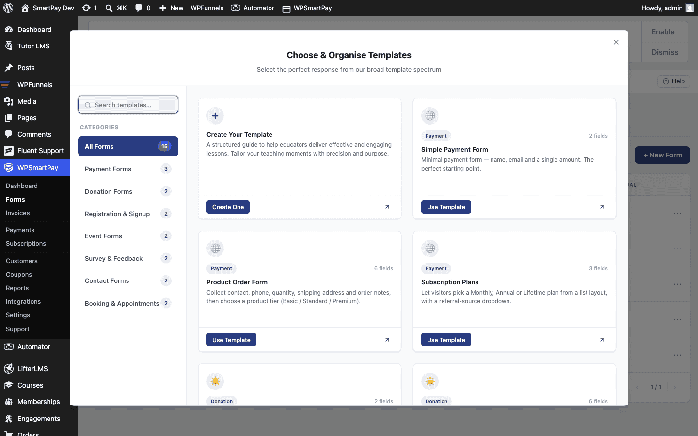 Screenshot of WP SmartPay new form modal showing template options in Pro