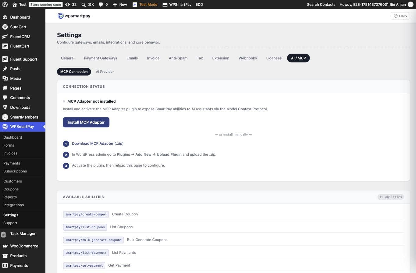 Screenshot of WP SmartPay AI / MCP Settings page showing MCP Adapter not installed state with Install MCP Adapter button