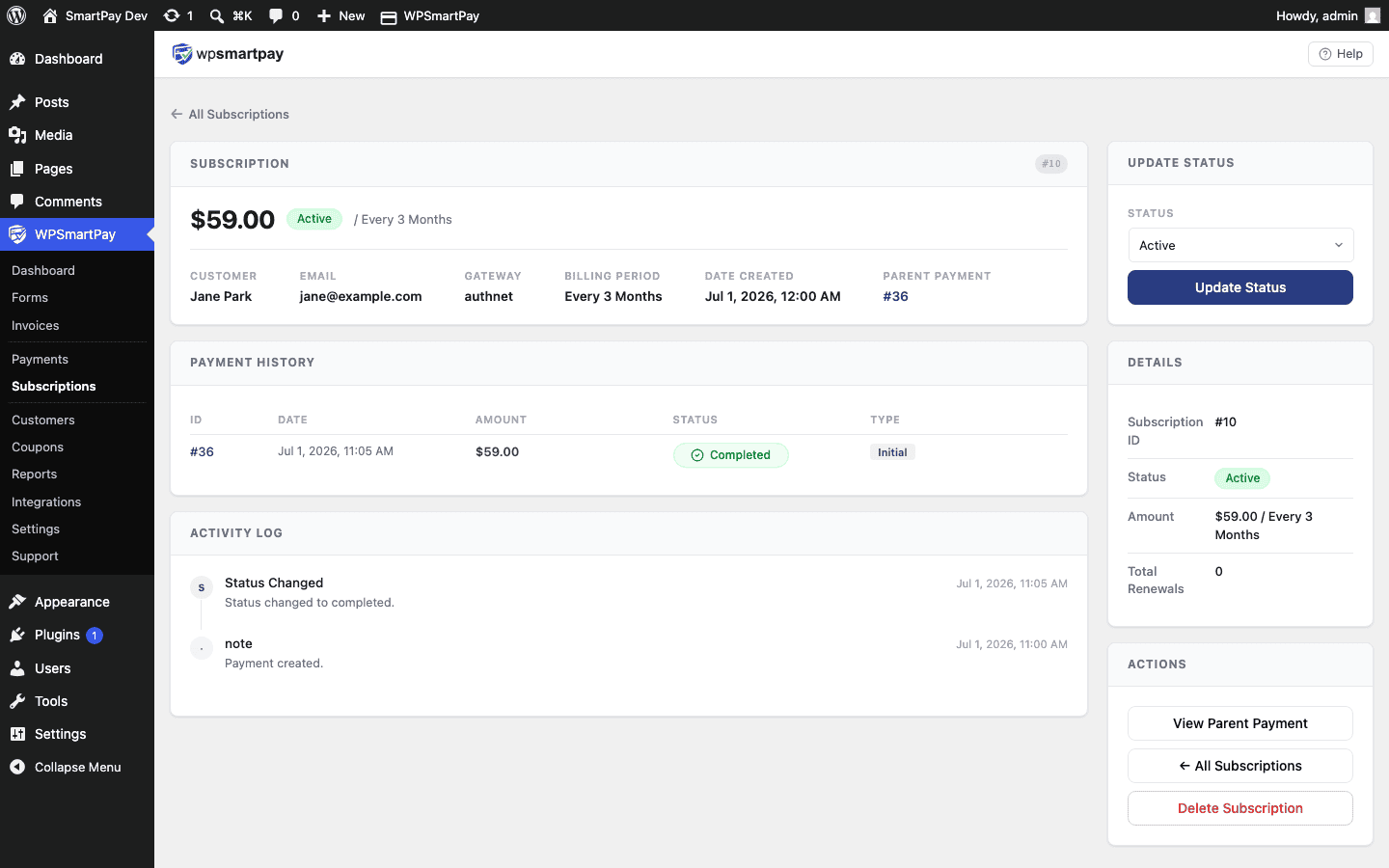 Screenshot of WP SmartPay subscription detail page showing plan summary, customer info, and payment history