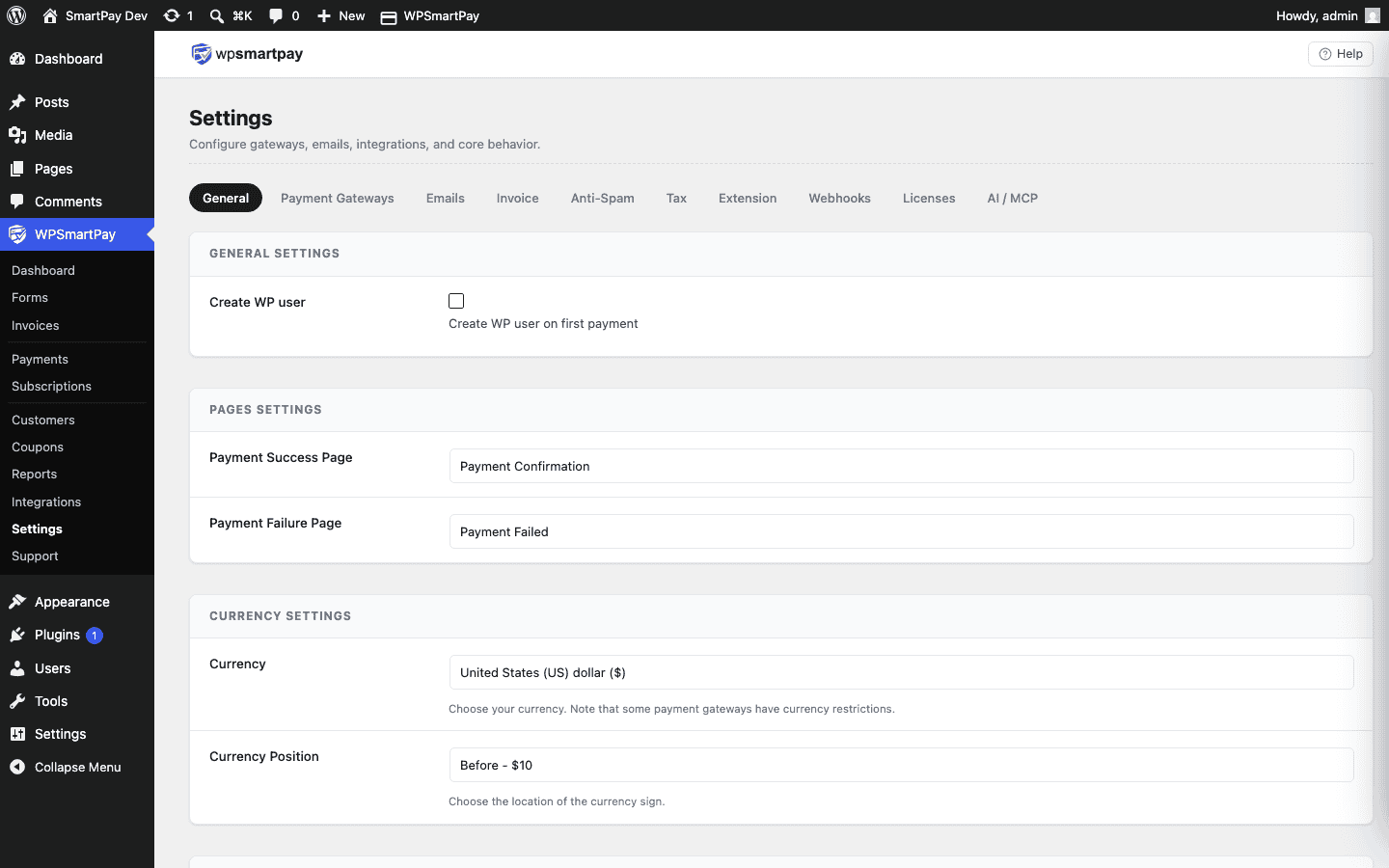 Screenshot of WP SmartPay General Settings showing page assignment fields for login and dashboard