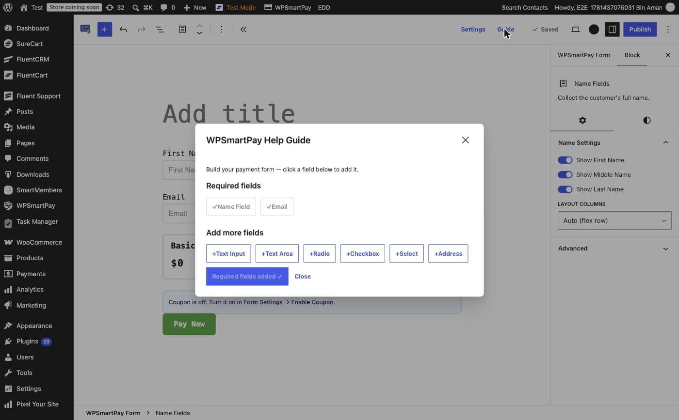 Screenshot of the WPSmartPay Help Guide modal showing Required fields and Add more fields sections