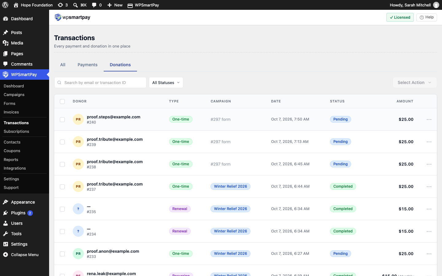 Screenshot of WP SmartPay Transactions list Donations tab showing the Campaign column