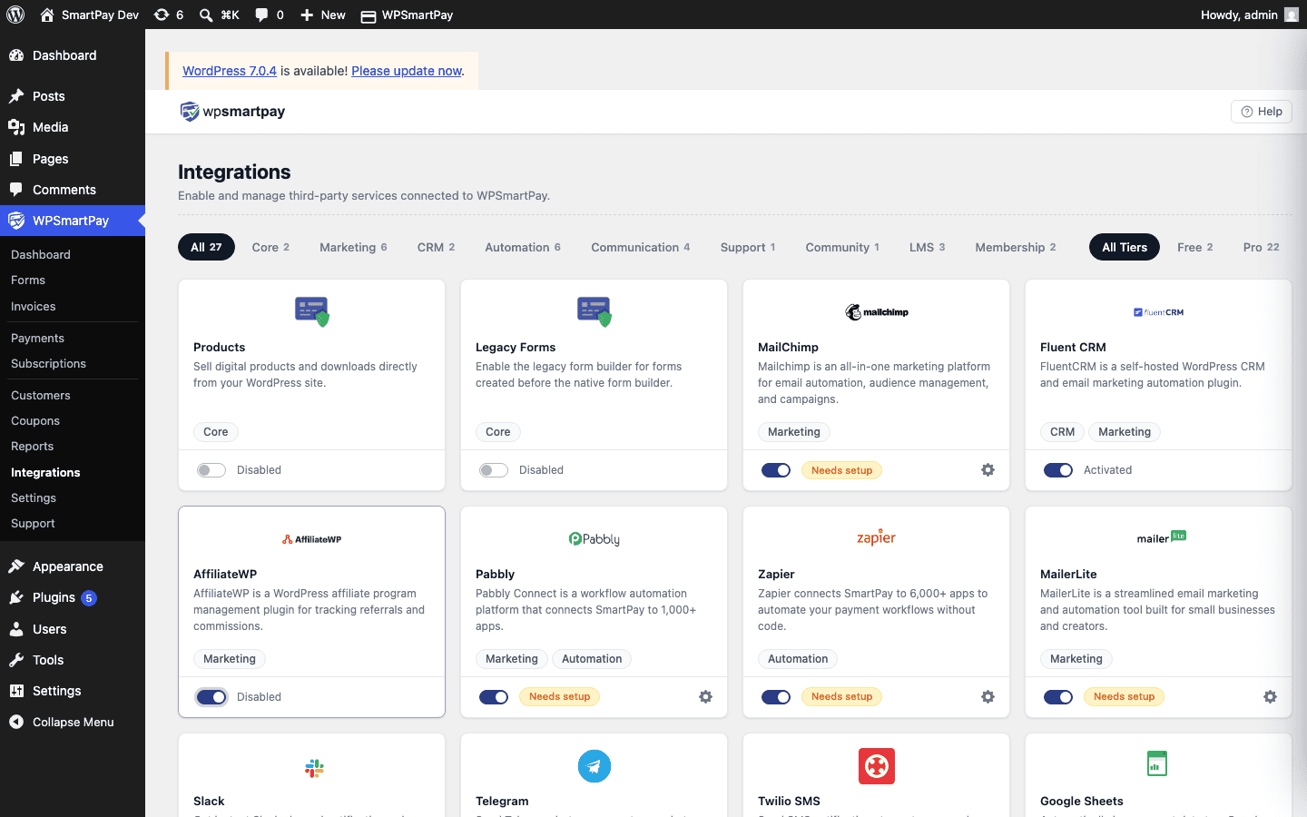 SmartPay Extensions page with AffiliateWP integration toggled on