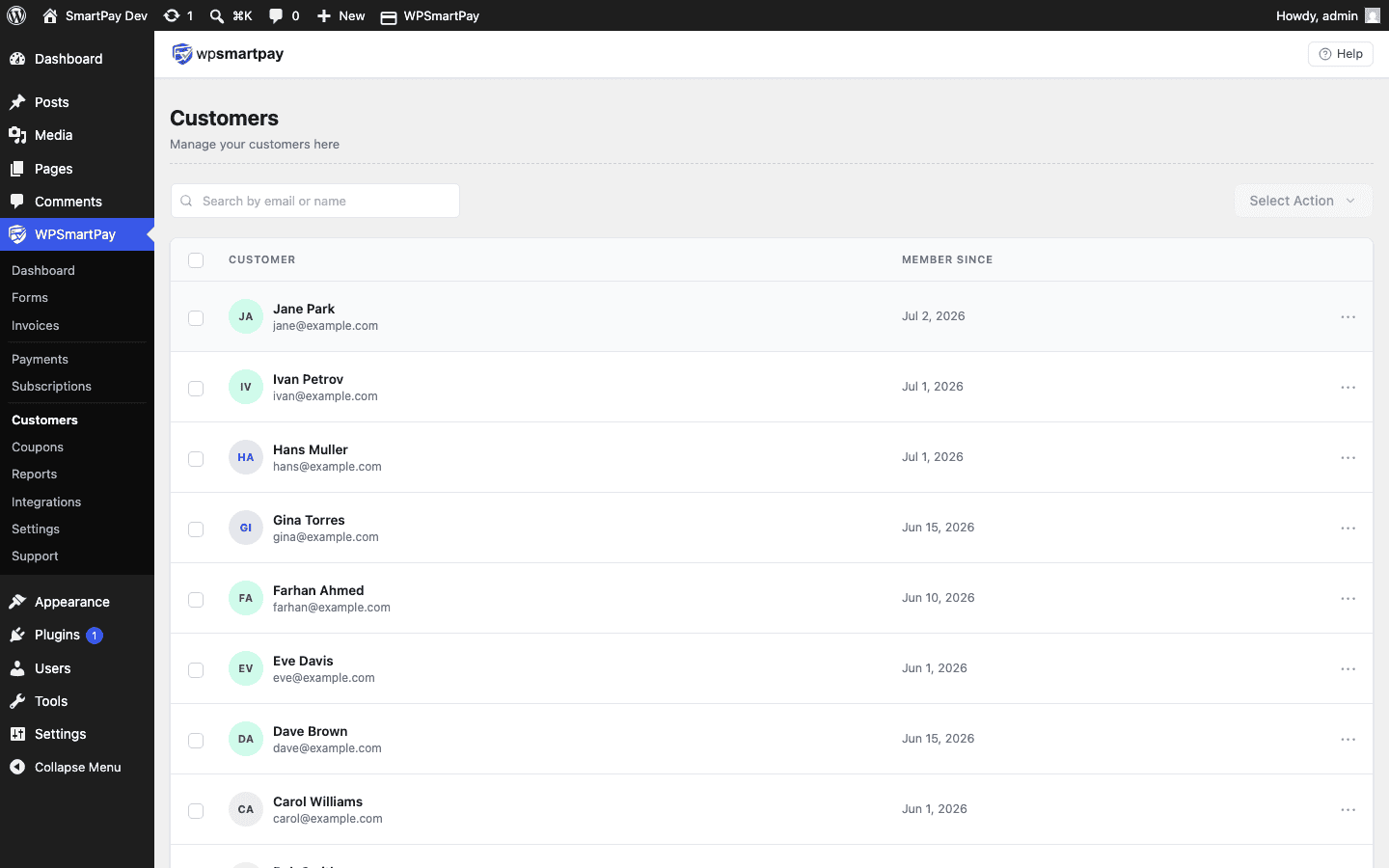 Screenshot of WP SmartPay Customers list showing customer names, emails, payment count, and revenue