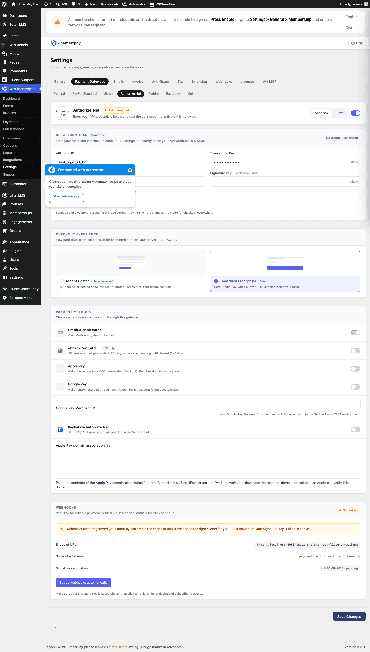 Screenshot of WP SmartPay Authorize.Net settings showing API Login ID and Transaction Key fields