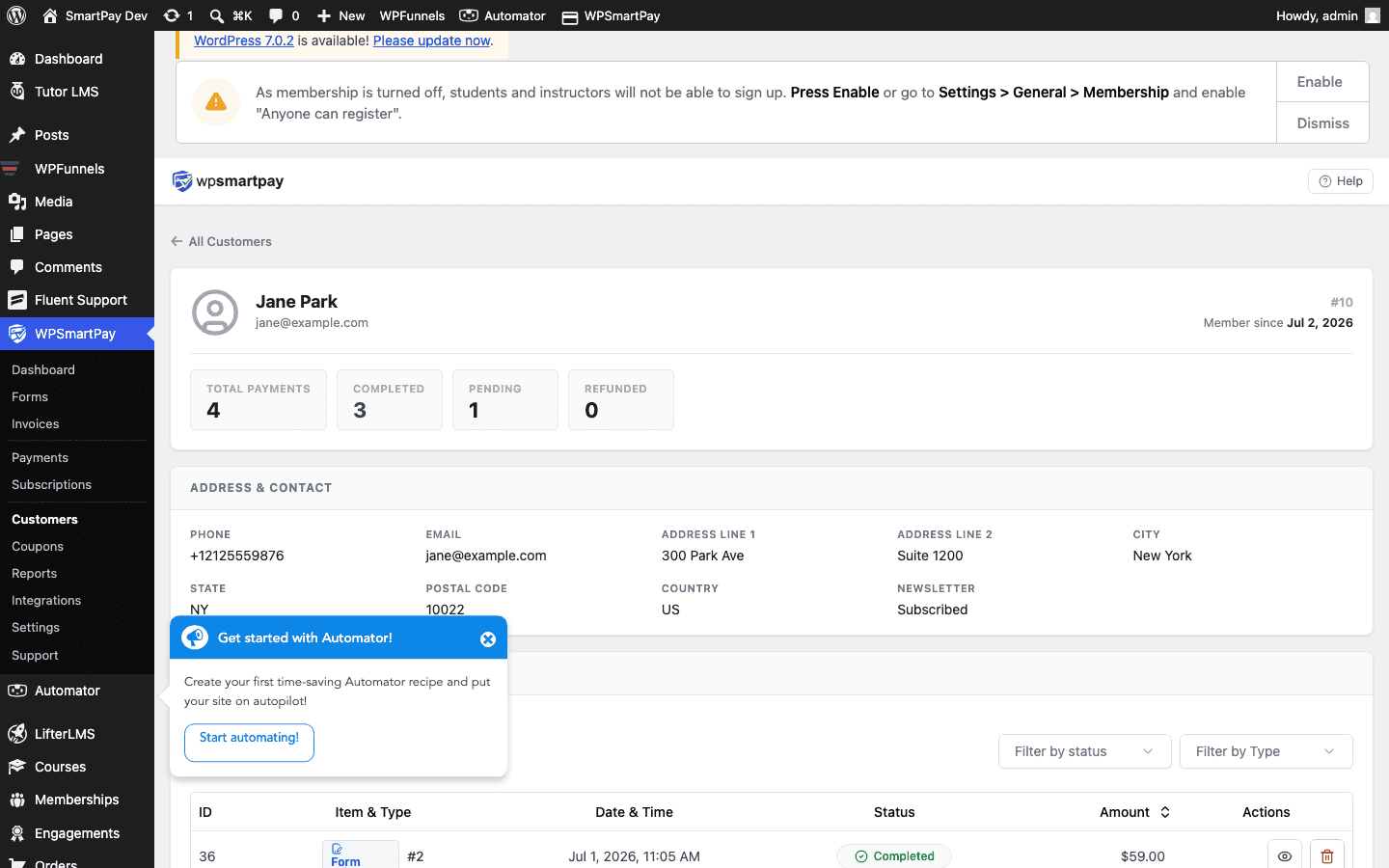 Screenshot of WP SmartPay customer detail page showing profile, payment history, and stats