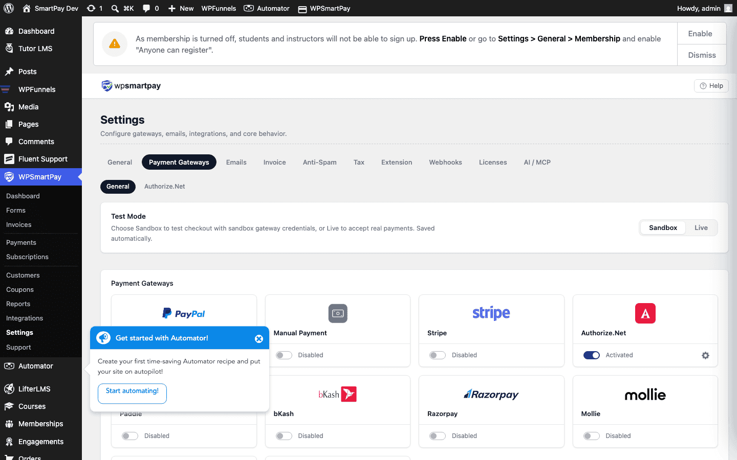 Screenshot of WP SmartPay Payment Gateways settings showing the Test Mode toggle