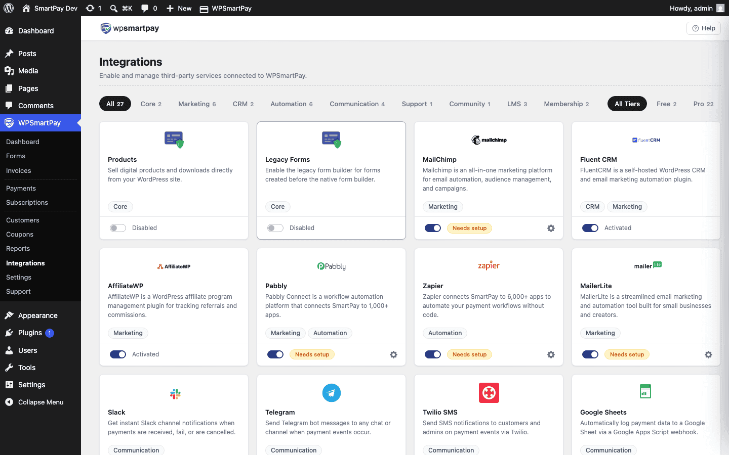 WP SmartPay Extensions page showing messaging integrations