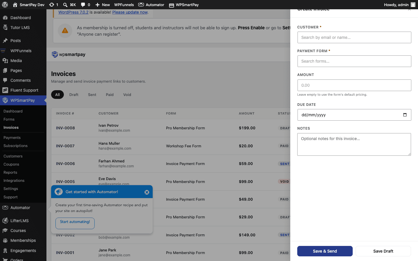Screenshot of WP SmartPay Create Invoice drawer showing customer, line items, and settings fields