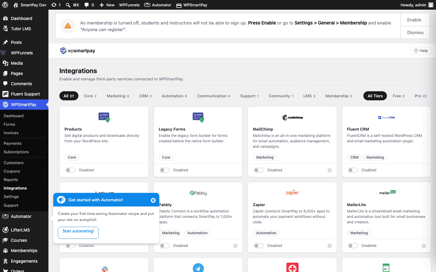 WP SmartPay extensions page showing membership integrations