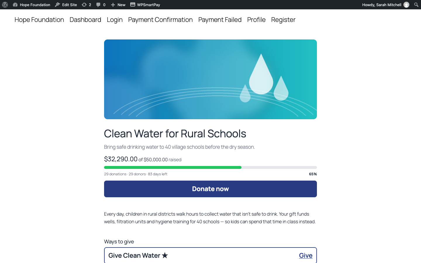 Screenshot of a WP SmartPay public campaign page showing cover image, progress bar and Donate now button