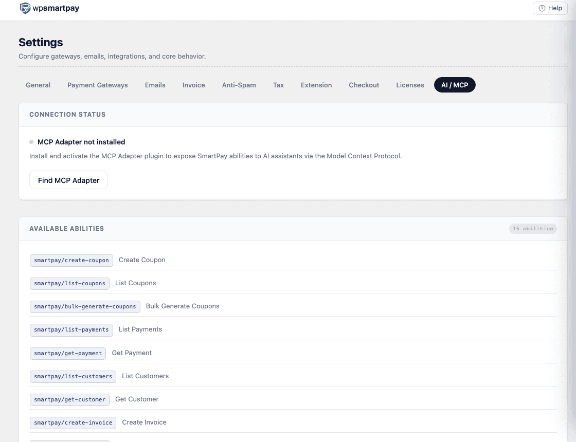 WP SmartPay AI / MCP settings page — all four cards
