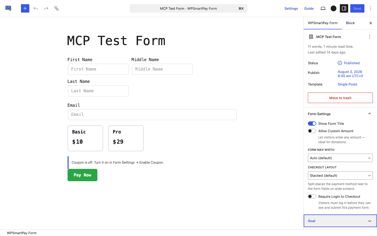 SmartPay form editor Goals panel with all settings visible after enabling the goal
