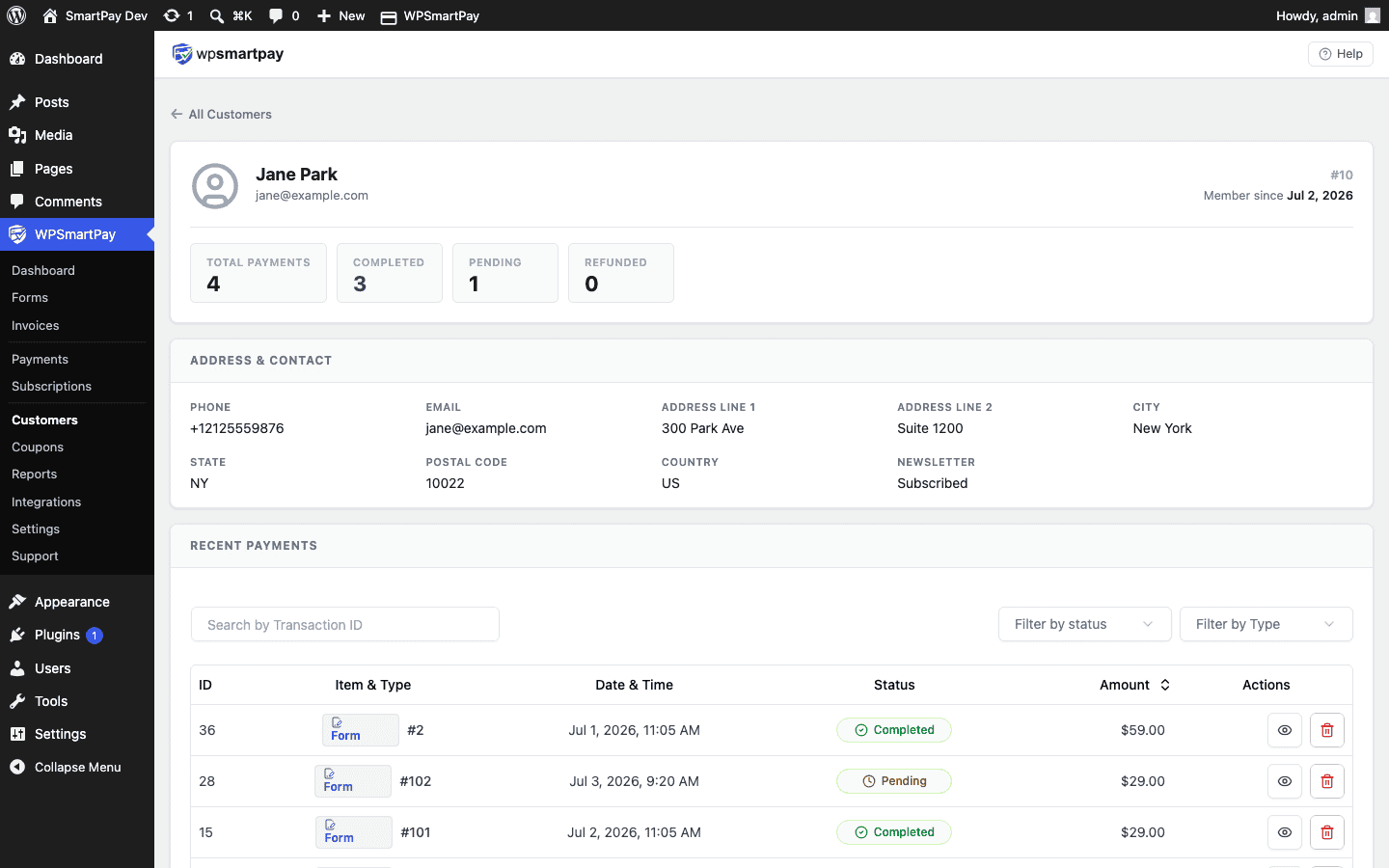 Screenshot of WP SmartPay customer detail page showing profile, payment history, and stats