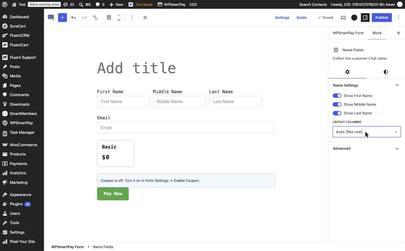 Screenshot of the Name Fields block inspector showing Name Settings toggles and Layout Columns dropdown